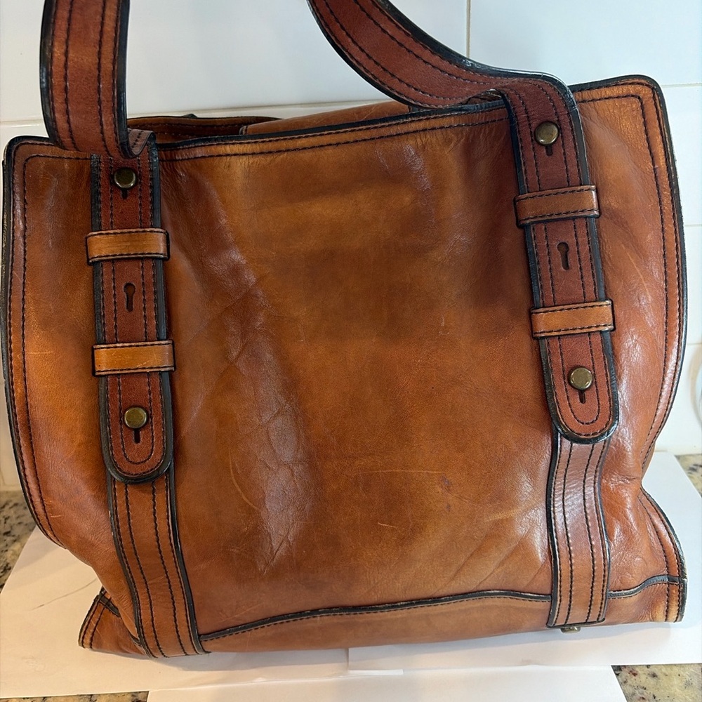 Fossil Vintage Brown Leather Keyhole Lock Tote Bag Large Shoulder Bag Purse - Picture 4 of 8